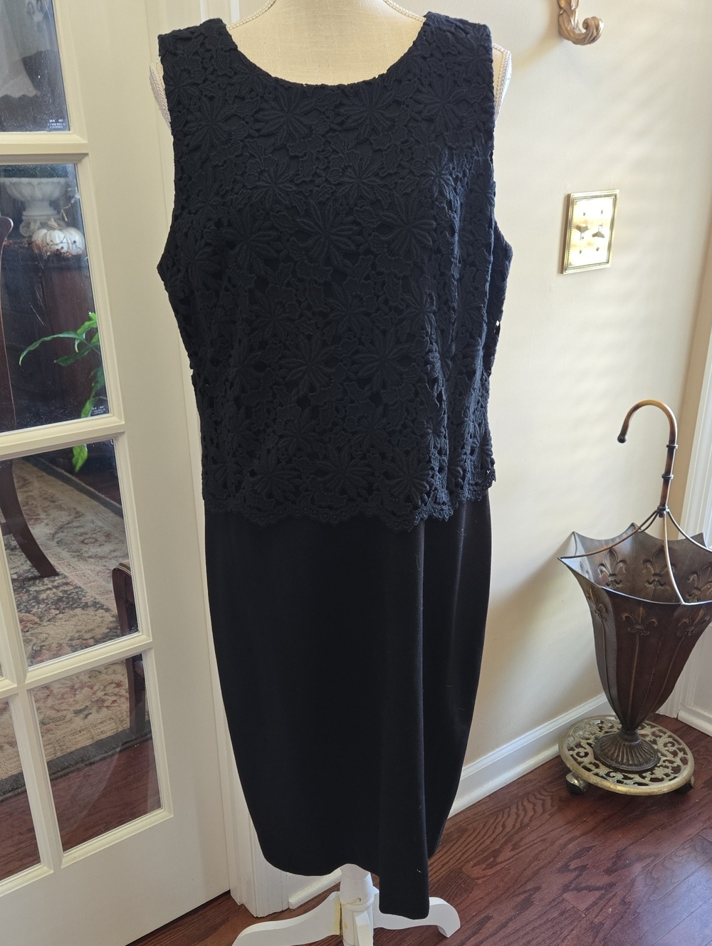 Talbots Black Lace-Overlay Midi Dress Sleeveless Stretch Classic Size 16 NEW